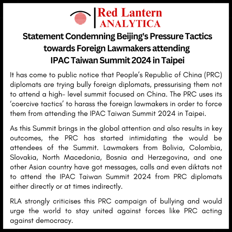 Statement on Beijing’s Pressure Tactics towards Foreign Lawmakers  attending IPAC Taiwan Summit 2024 in Taipei